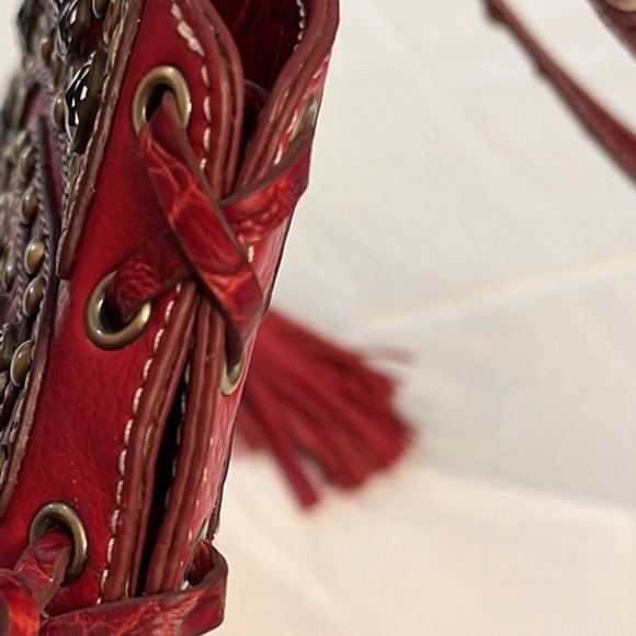 Sharif Studio Red Pebbled Handbag with Rhinestones, Used Once. - Picture 6 of 13